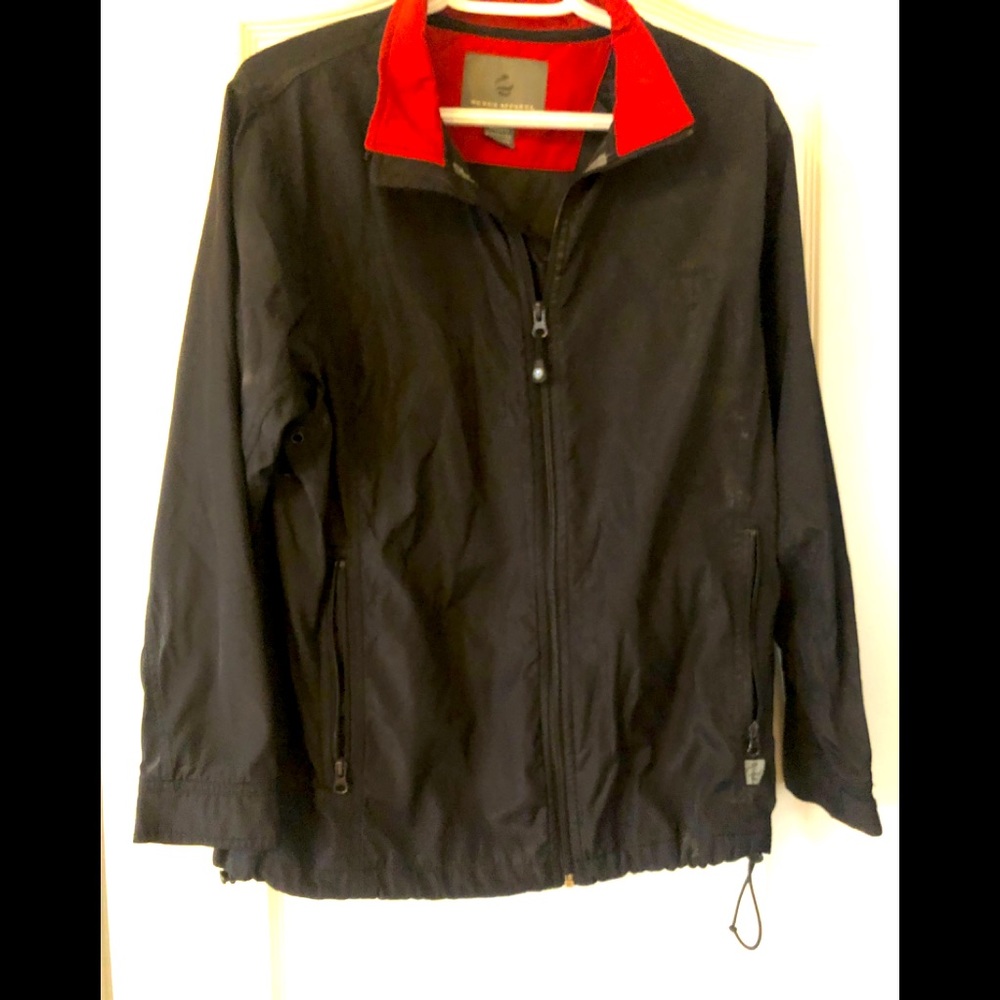 Black with red collar windbreaker, large, fits like M